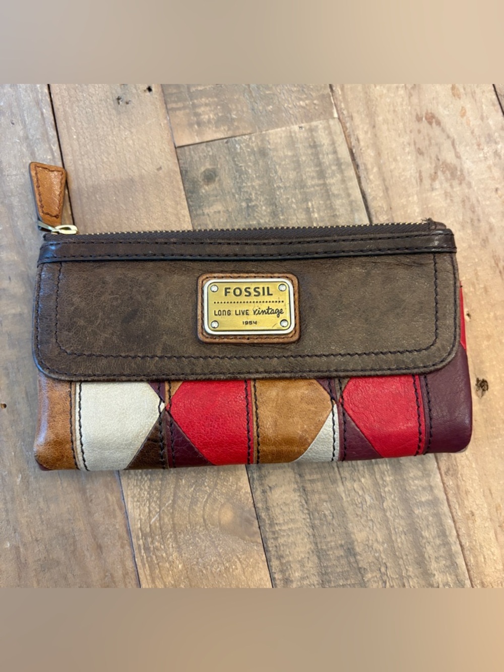 Fossil Emory Wallet Clutch  Leather Patchwork Brown Red Like New